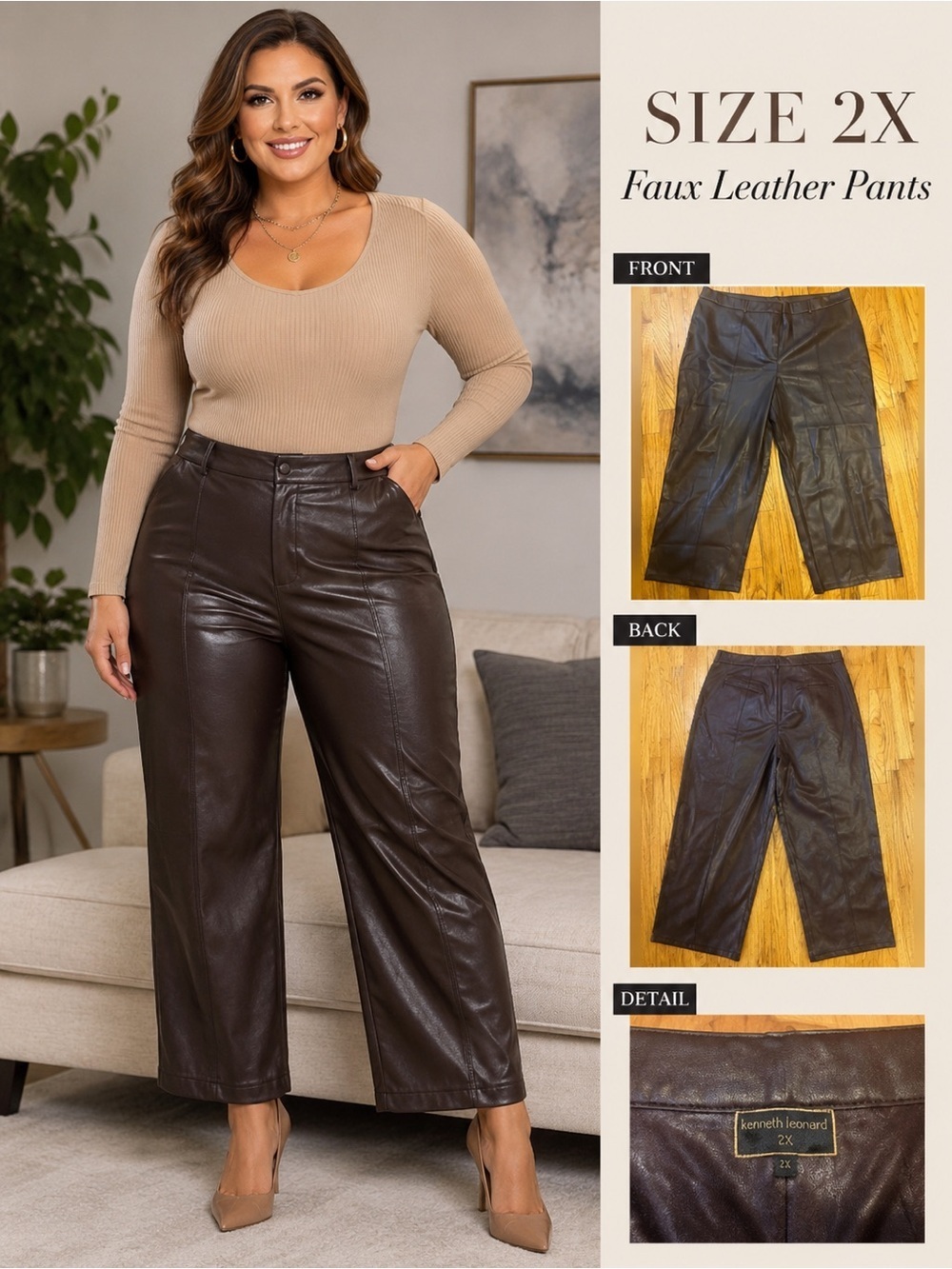 kathy ireland Brown Faux Leather Waistband Detail Pants 2x